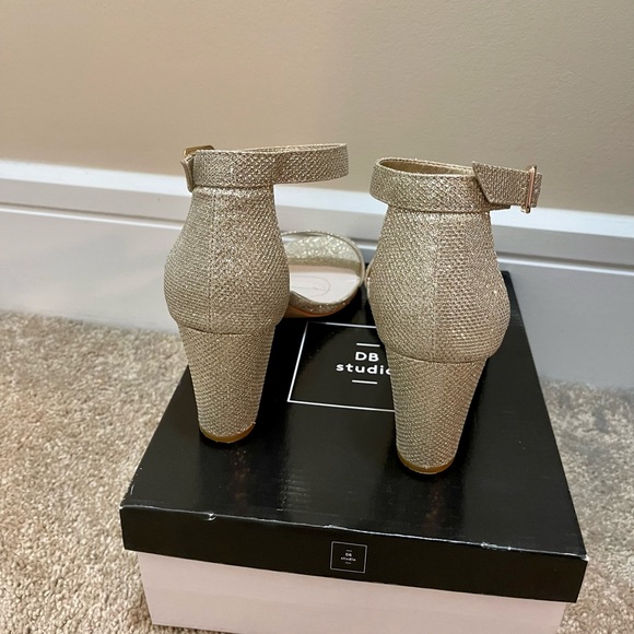 Sparkly Gold DB David’s Bridal Studio Aryaw Block Heel Ankle Strap Dressy Sandal - Picture 3 of 5